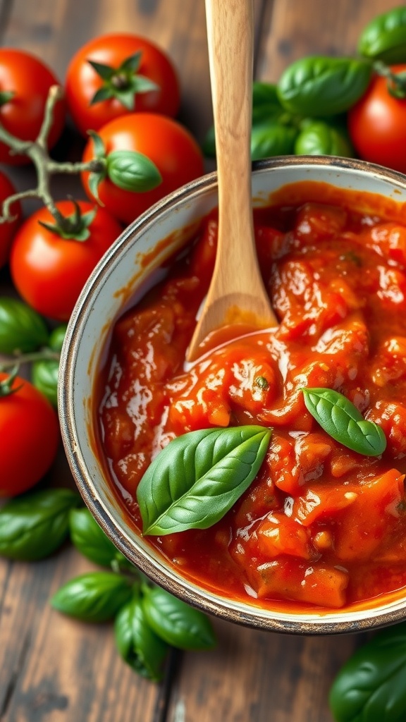 A bowl of homemade tomato basil sauce with tomatoes and basil on a rustic wooden table.